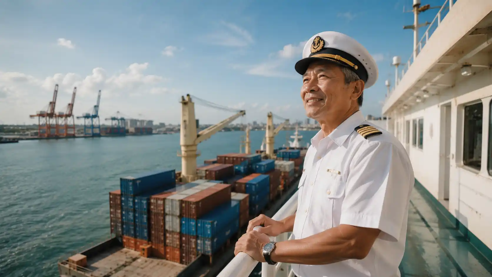 Ship captain overlooking a container port