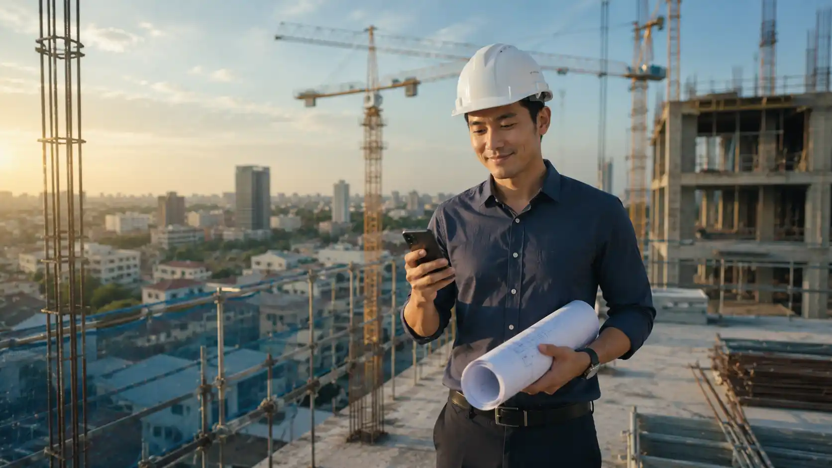 Engineer with blueprints at a construction site