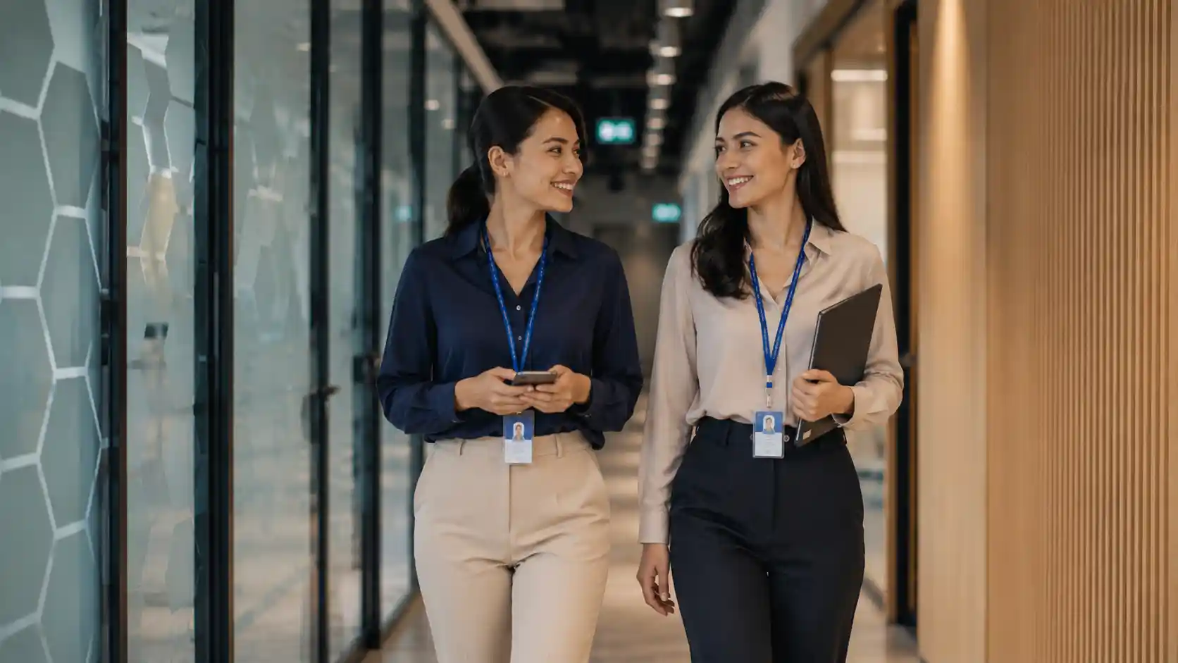 Two colleagues chatting in an office corridor