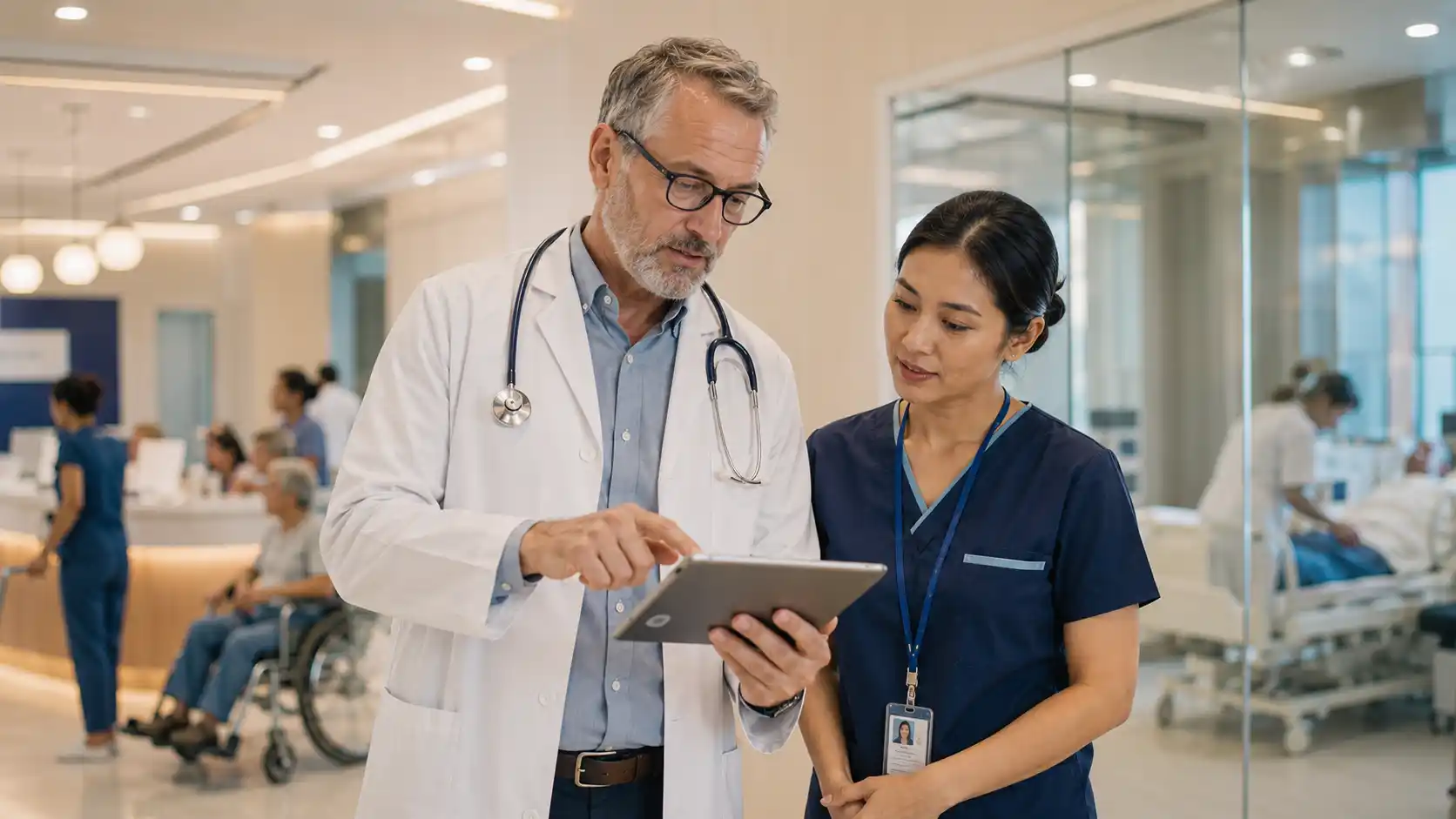 Doctor and nurse reviewing patient records on a tablet