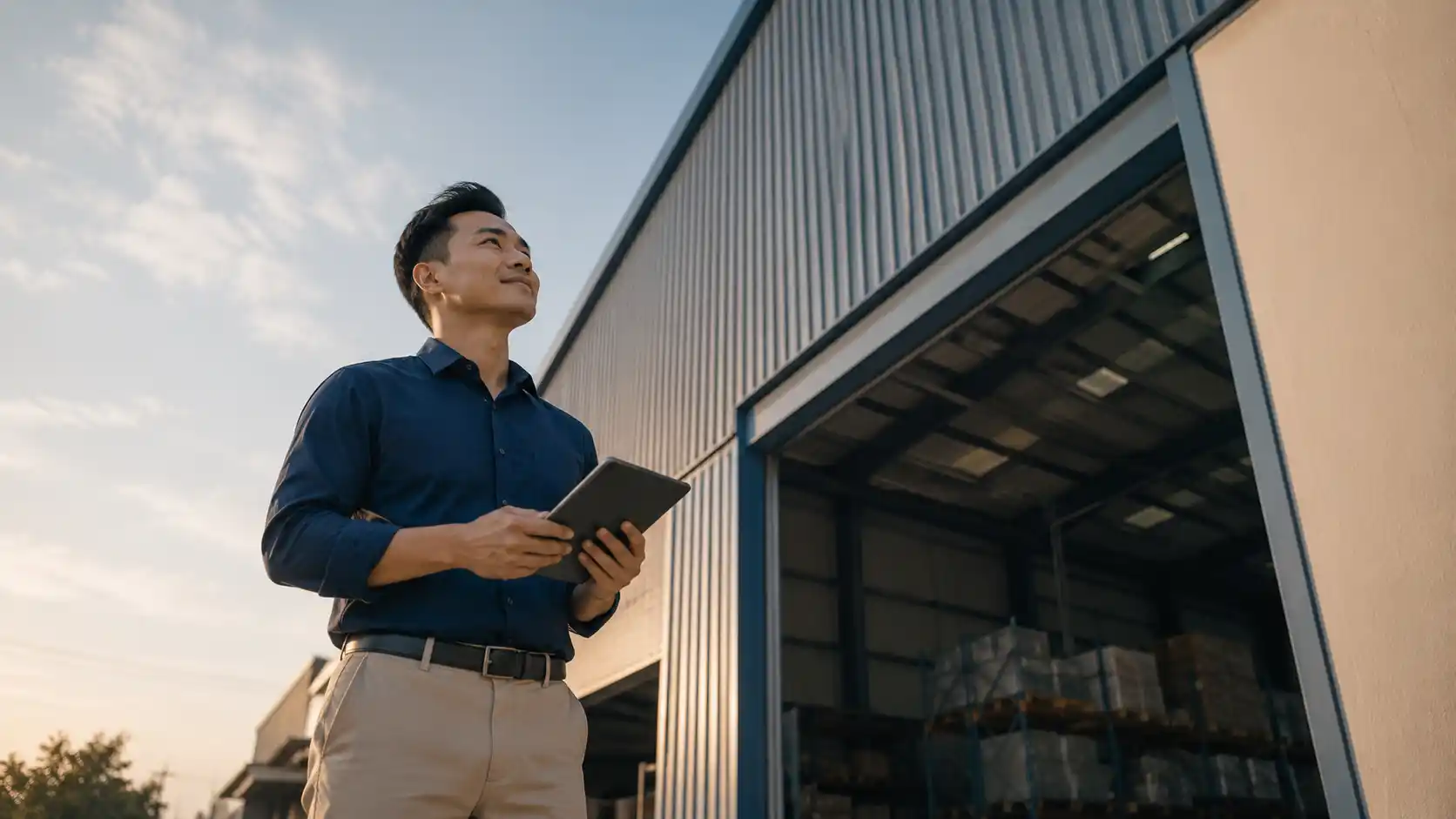 Business owner reviewing a warehouse property