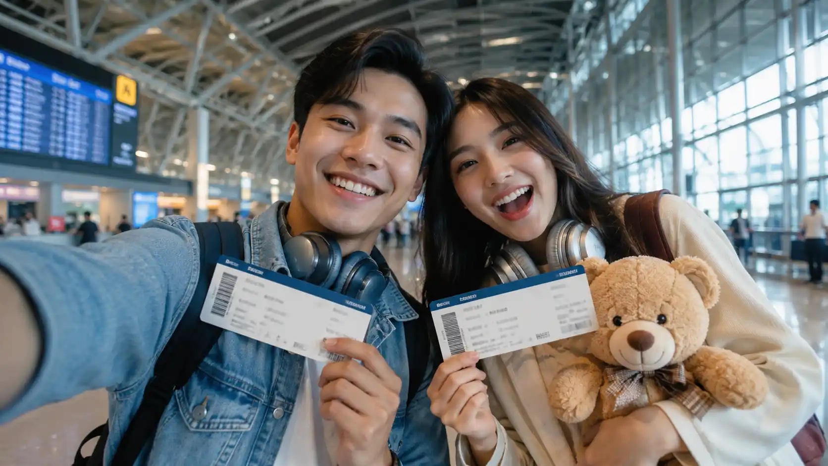 Couple smiling with boarding passes at the airport