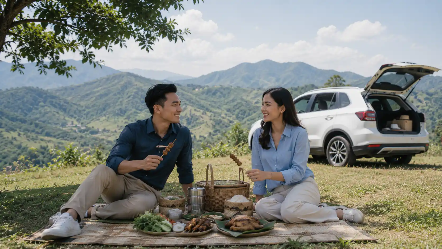 Couple with their car on a road trip in the Cambodian countryside